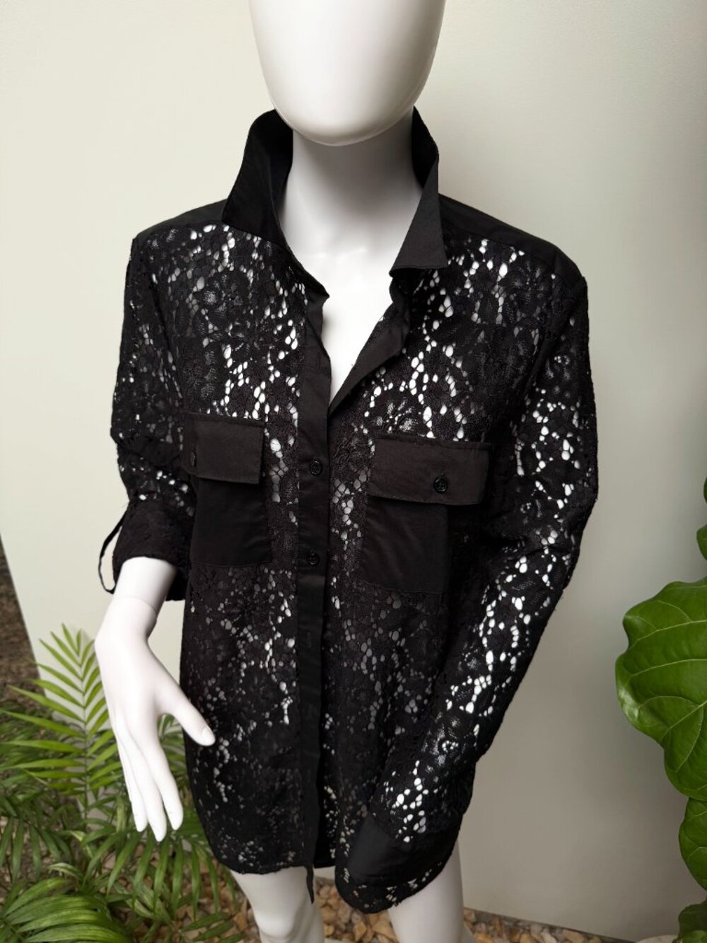 NWOT Black Lace Button Down Blouse W/Pockets and Sleeve Roll - L